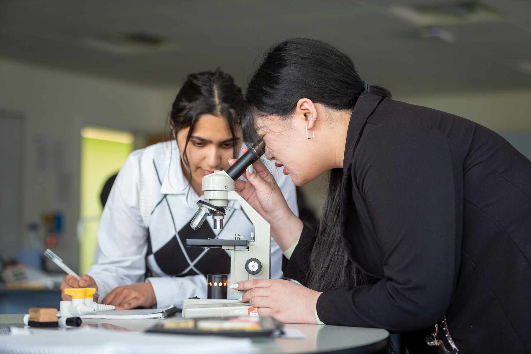 Two students engaged in a science lesson, one using a microscope while the other observes and takes notes.