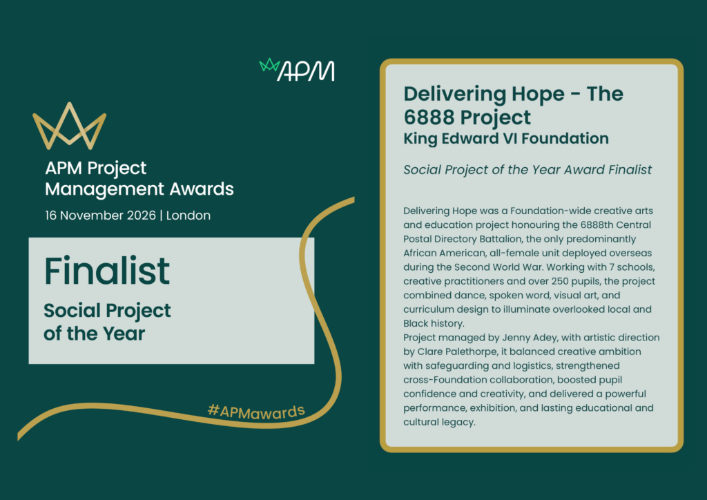 APM Project Management Awards finalist certificate for King Edward VI Foundation.
