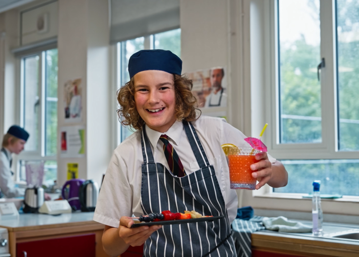 Students participate in a Kevi Foundation cooking workshop, presenting a fruit plate and orange juice.